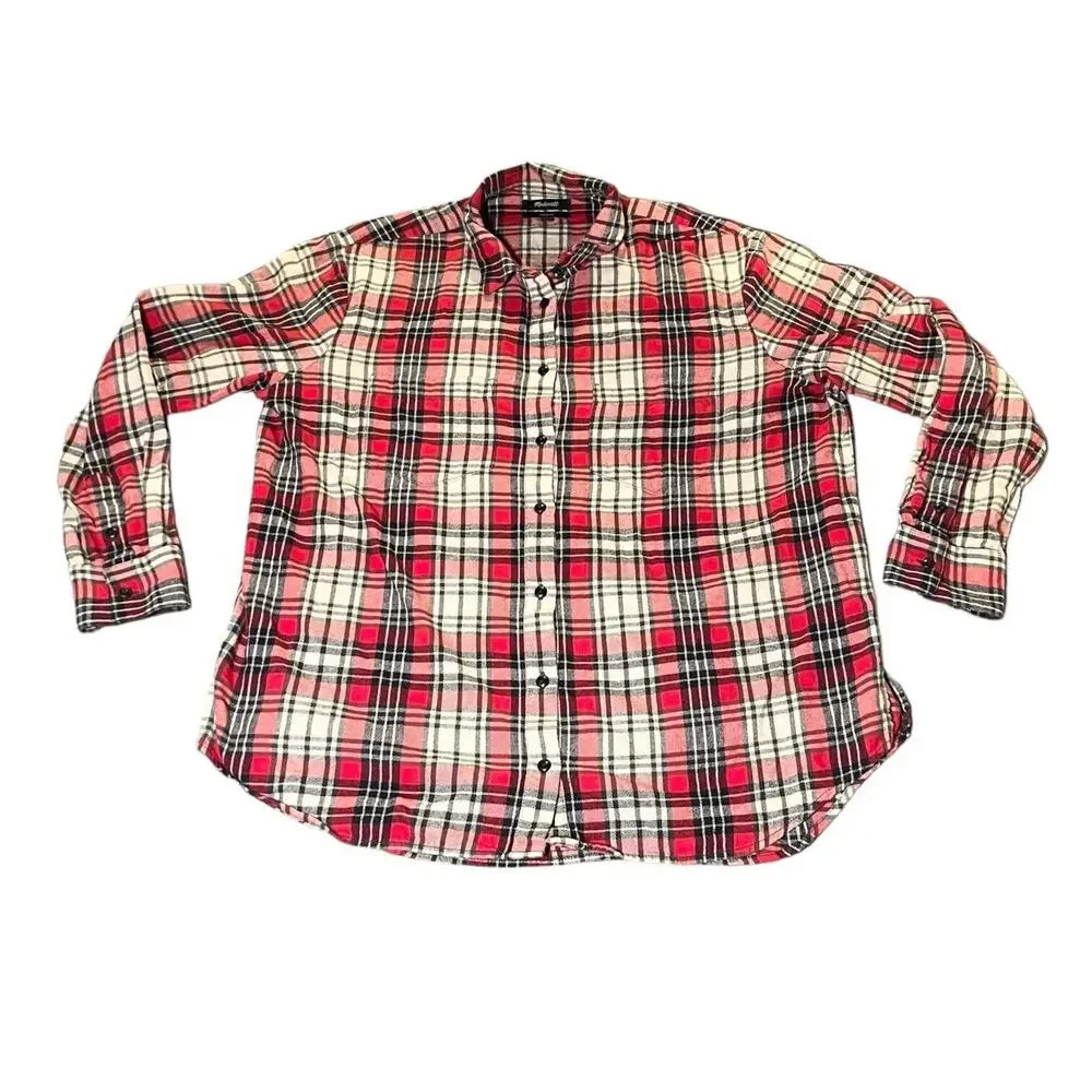 MADEWELL RED BLACK PLAID LONG SLEEVE FLANNEL OVERSIZED EX-BOYFRIEND SHIRT Size M